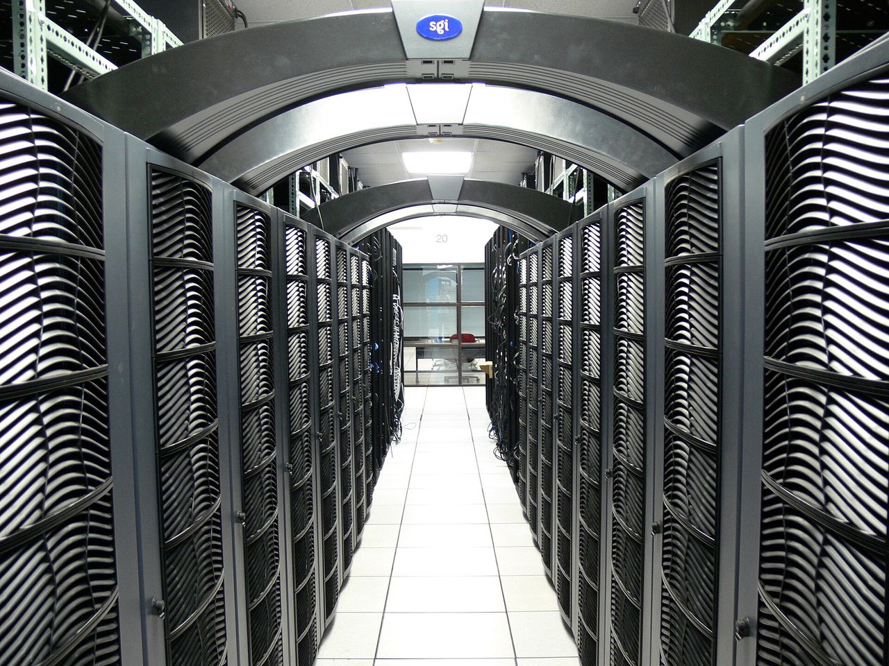 Aisle between server racks at the Virginia Tech data centre, illustrating digital infrastructure security.